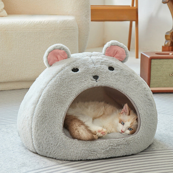 HKM-8754109 Comfortable Soft Fluffy Cat and Dog House Mat - Funny Mouse and Cat Design, Cotton Fabric, Light Gray