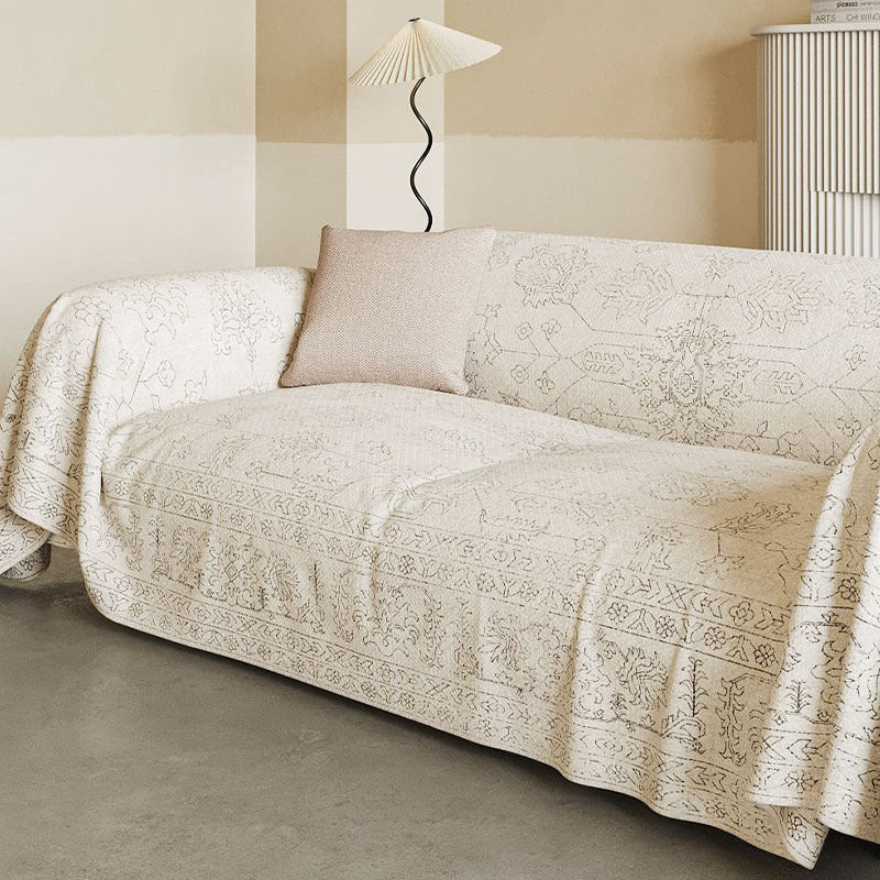 HKM-875475 Ethnic Dustproof Sofa Cover in Imitation Linen with Solid Floral Patterns