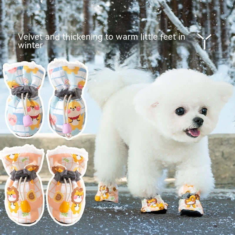 HKM-8756669 Soft Soled Warm Velvet Dog Shoes in Sunflower Lion Plaid Design - 4 Pack