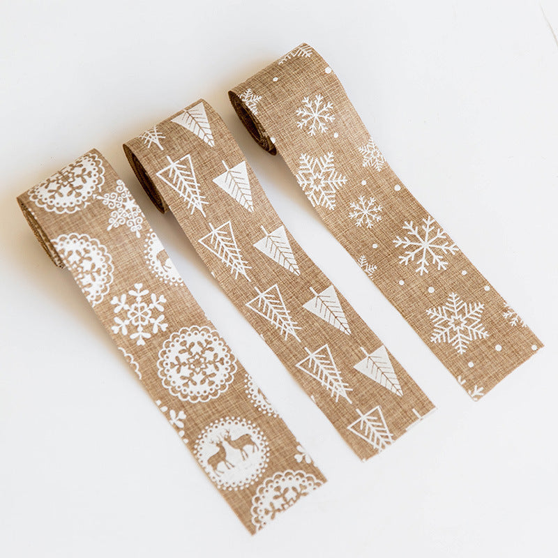 HKM-875923 Christmas Snowflake Elk Burlap Ribbon Bow Ornament - 2m x 5cm, Natural Linen Color