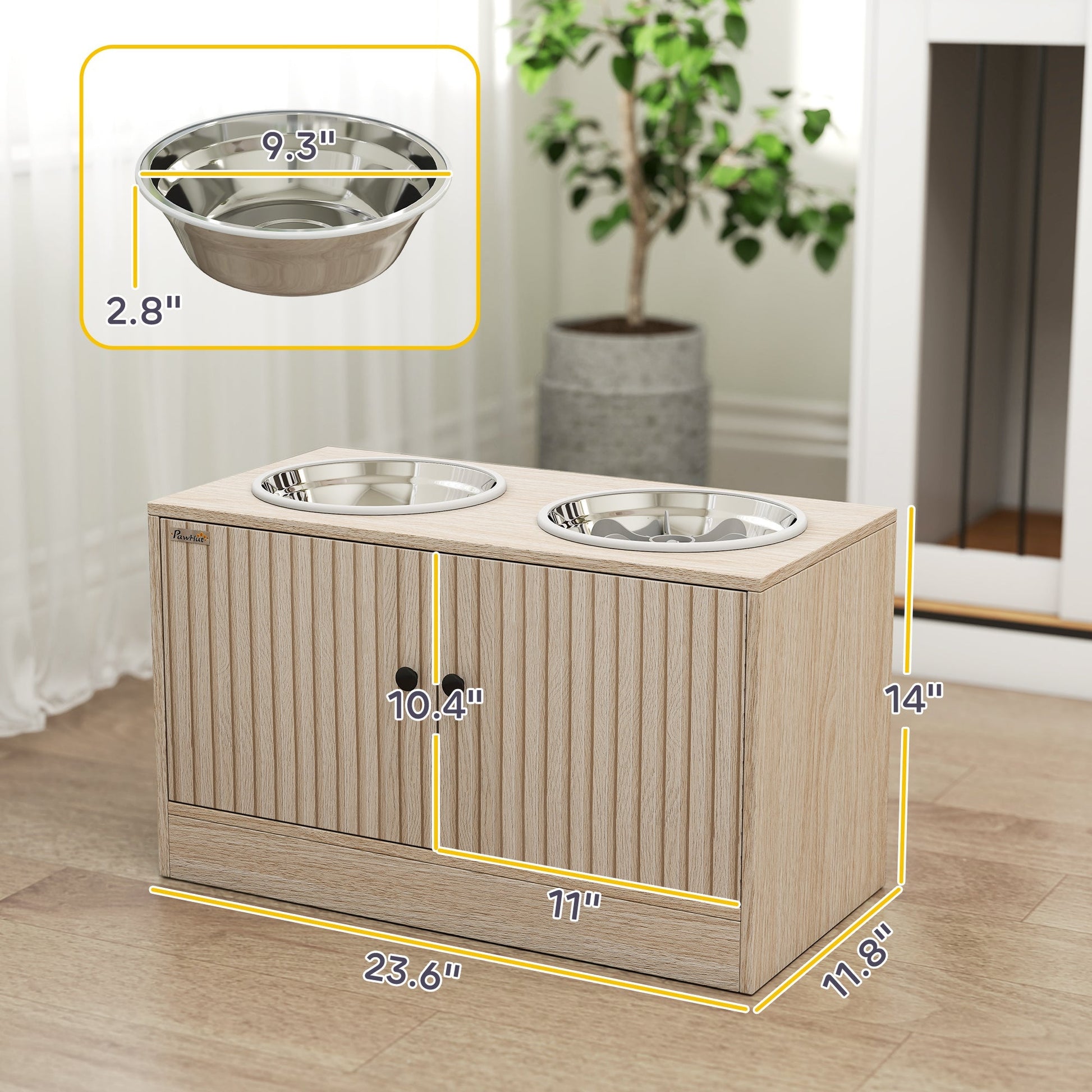 HKM-8761789 Elevated Dog Feeding Station with Storage Cabinet and Stainless Steel Bowls for Large Dogs - Oak Finish