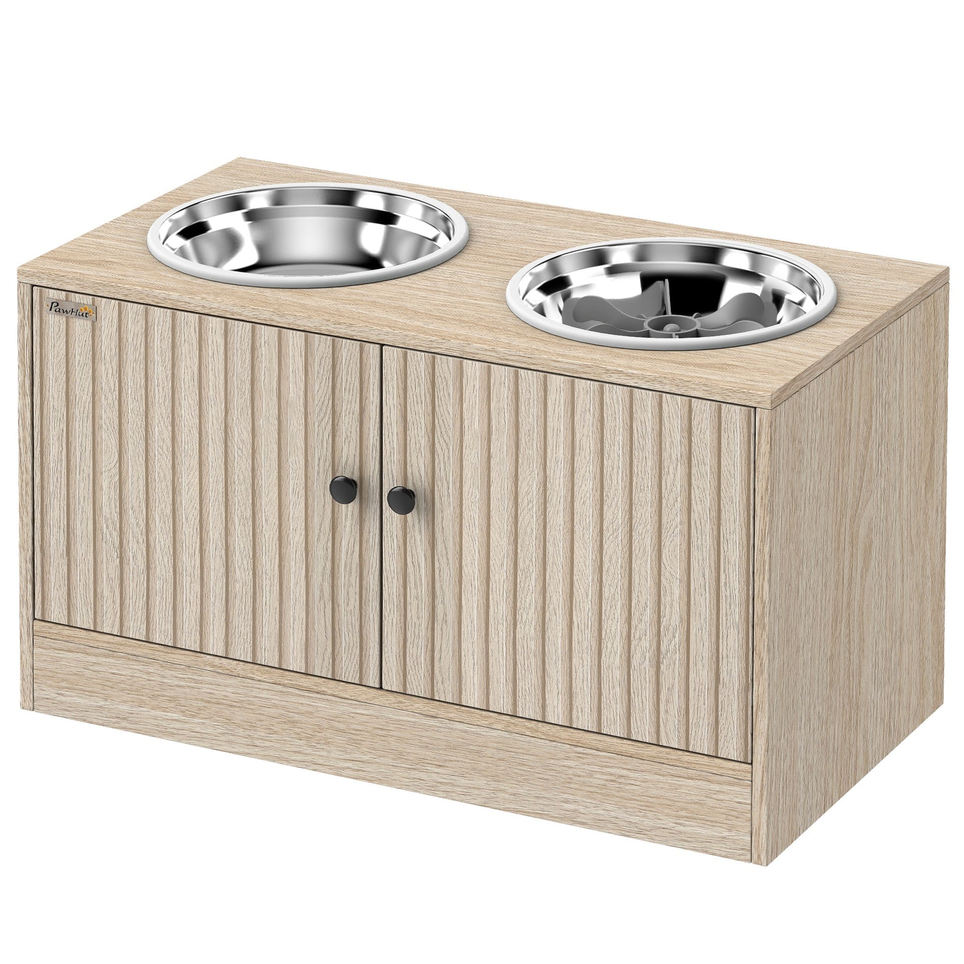 HKM-8761789 Elevated Dog Feeding Station with Storage Cabinet and Stainless Steel Bowls for Large Dogs - Oak Finish