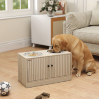 HKM-8761789 Elevated Dog Feeding Station with Storage Cabinet and Stainless Steel Bowls for Large Dogs - Oak Finish