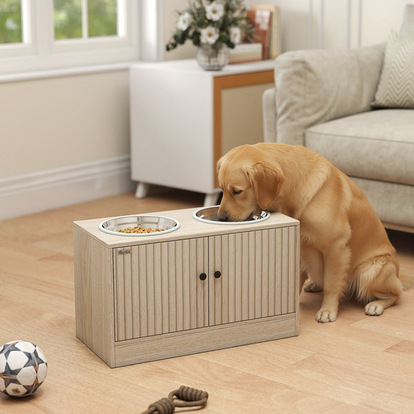 HKM-8761789 Elevated Dog Feeding Station with Storage Cabinet and Stainless Steel Bowls for Large Dogs - Oak Finish