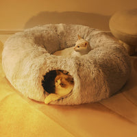 HKM-8765629 Cozy Rainbow and Gray Plush Cat Nest Tunnel for Multiple Cats - 95cm Diameter