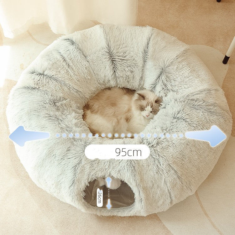 HKM-8765629 Cozy Rainbow and Gray Plush Cat Nest Tunnel for Multiple Cats - 95cm Diameter