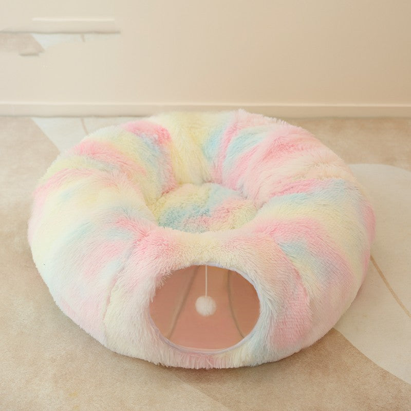 HKM-8765629 Cozy Rainbow and Gray Plush Cat Nest Tunnel for Multiple Cats - 95cm Diameter