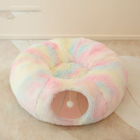 HKM-8765629 Cozy Rainbow and Gray Plush Cat Nest Tunnel for Multiple Cats - 95cm Diameter