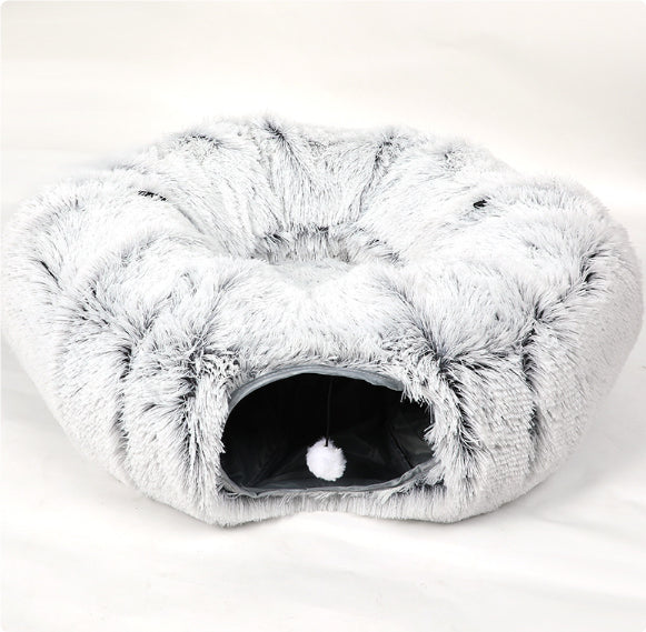 HKM-8765629 Cozy Rainbow and Gray Plush Cat Nest Tunnel for Multiple Cats - 95cm Diameter