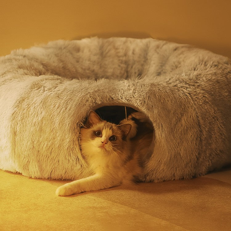 HKM-8765629 Cozy Rainbow and Gray Plush Cat Nest Tunnel for Multiple Cats - 95cm Diameter