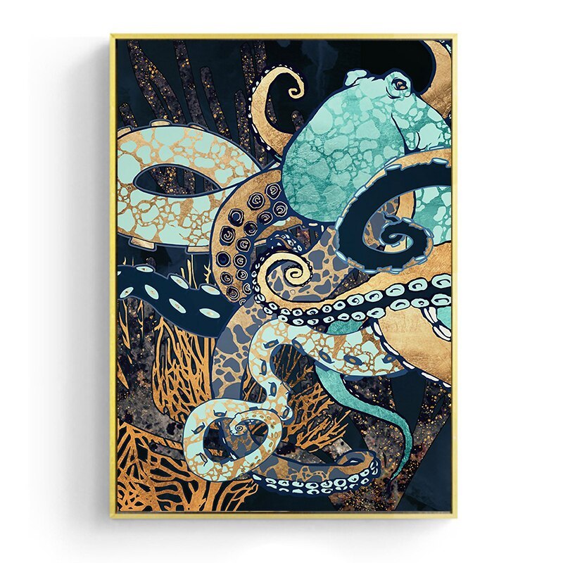 HKM-876627 Marine Life Decorative Canvas Art Featuring Octopus and Jellyfish, Frameless Design