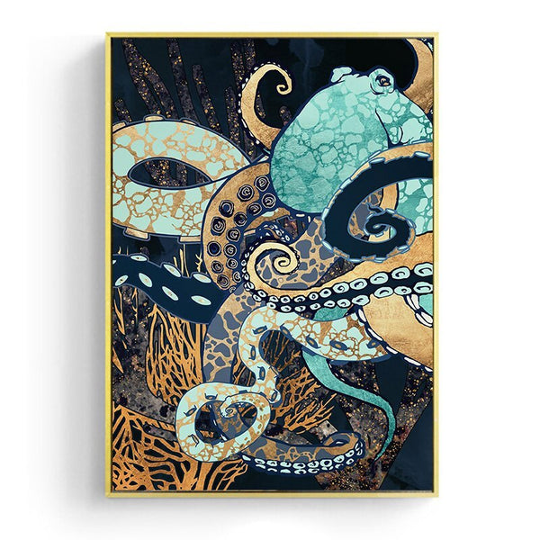 HKM-876627 Marine Life Decorative Canvas Art Featuring Octopus and Jellyfish, Frameless Design