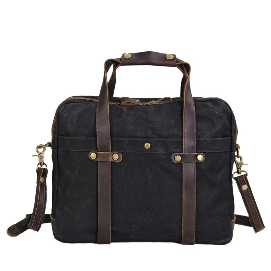 HKM-876691 Waterproof Waxed Canvas Laptop Handbag with Leather Accents - 15.6 Inch Casual Briefcase for Work