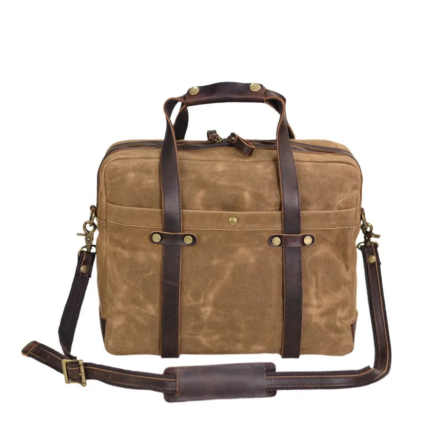 HKM-876691 Waterproof Waxed Canvas Laptop Handbag with Leather Accents - 15.6 Inch Casual Briefcase for Work