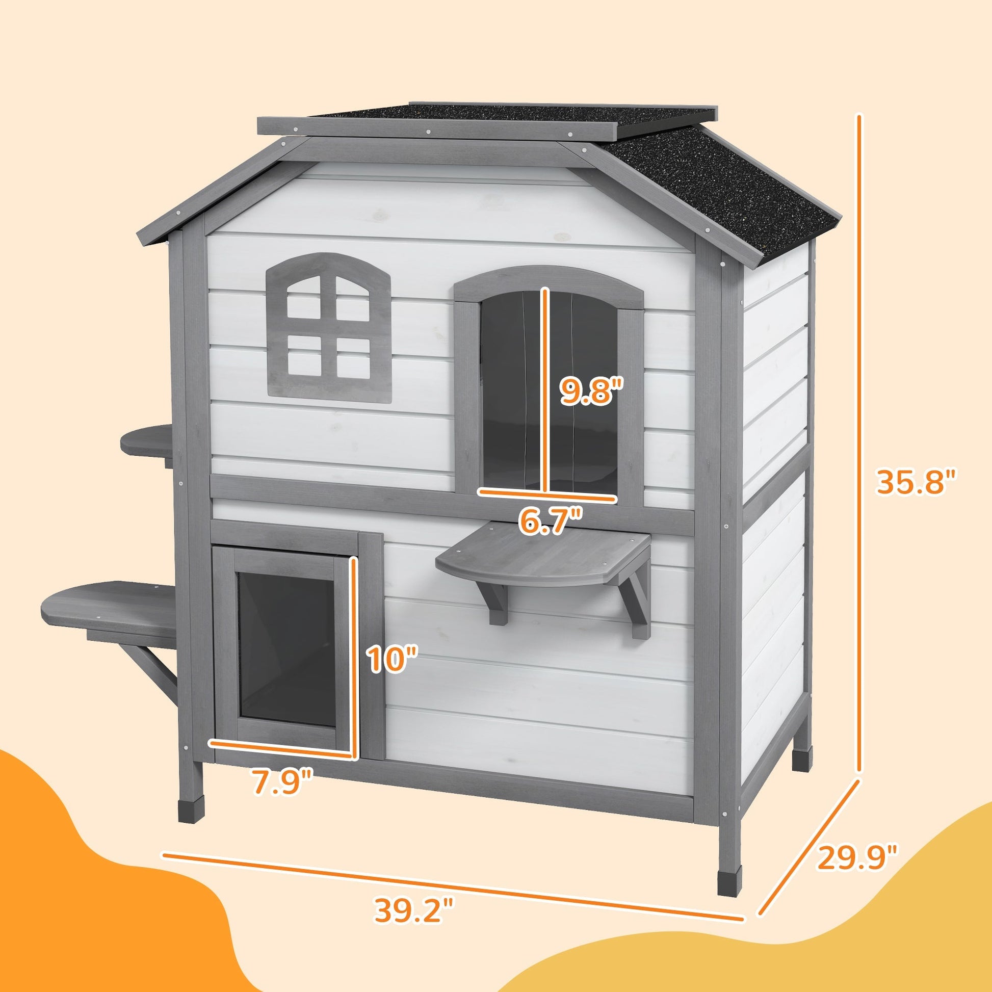 HKM-8771389 2-Story Weatherproof Wooden Cat House with Escape Door and Climbing Ledges - White