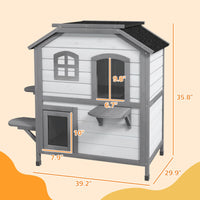 HKM-8771389 2-Story Weatherproof Wooden Cat House with Escape Door and Climbing Ledges - White