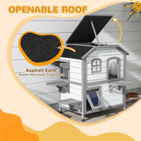 HKM-8771389 2-Story Weatherproof Wooden Cat House with Escape Door and Climbing Ledges - White
