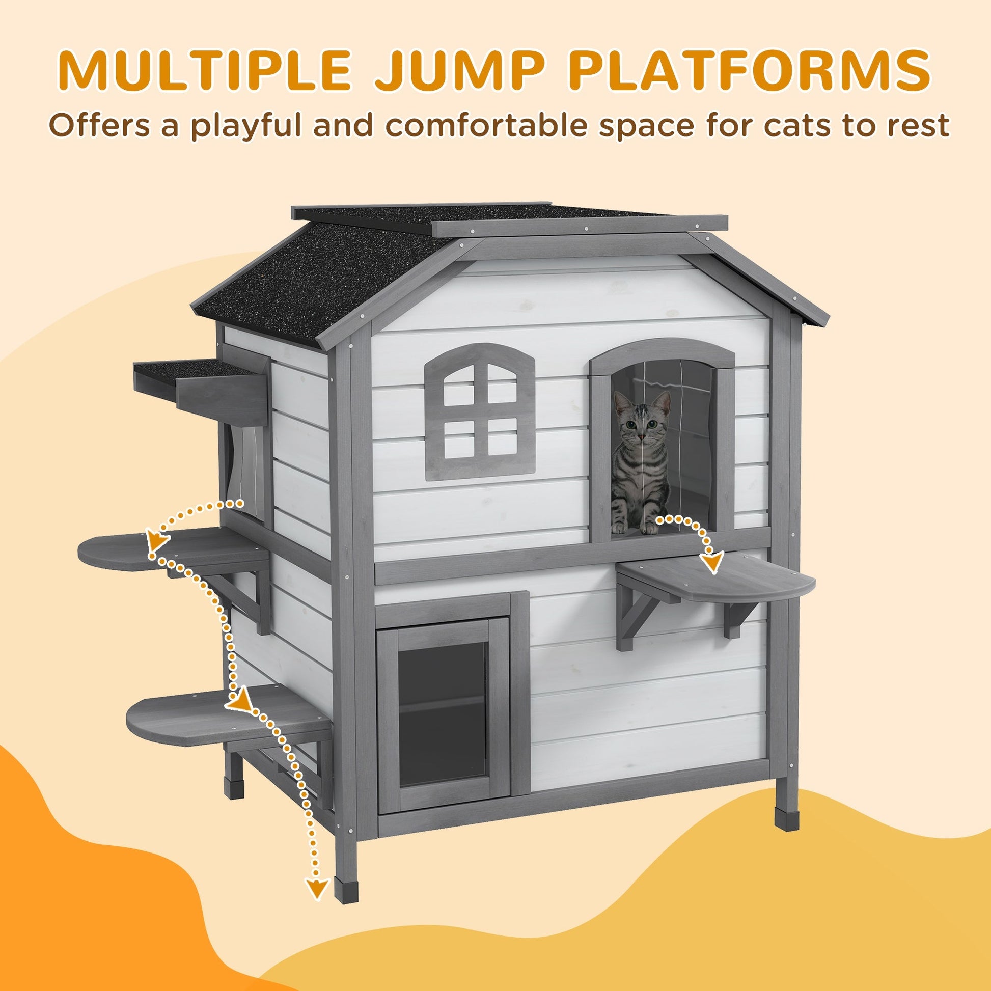 HKM-8771389 2-Story Weatherproof Wooden Cat House with Escape Door and Climbing Ledges - White