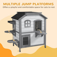 HKM-8771389 2-Story Weatherproof Wooden Cat House with Escape Door and Climbing Ledges - White