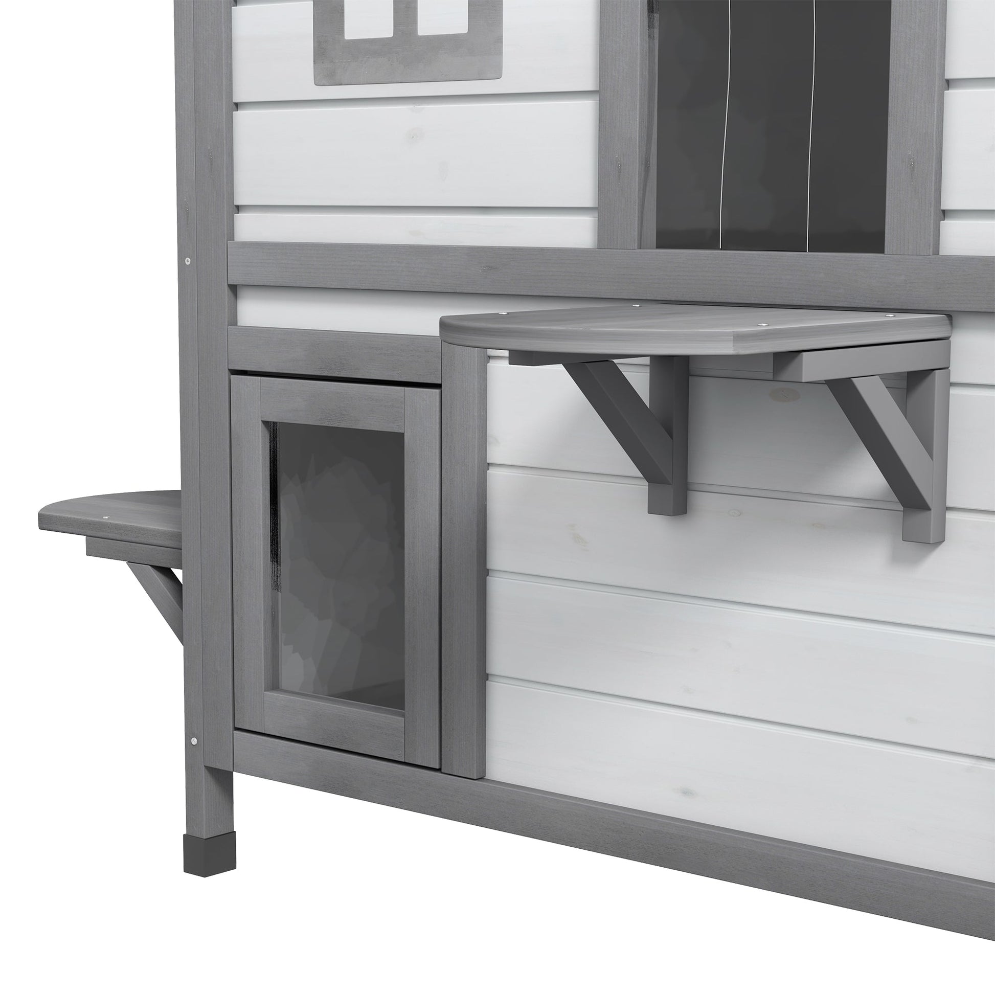 HKM-8771389 2-Story Weatherproof Wooden Cat House with Escape Door and Climbing Ledges - White
