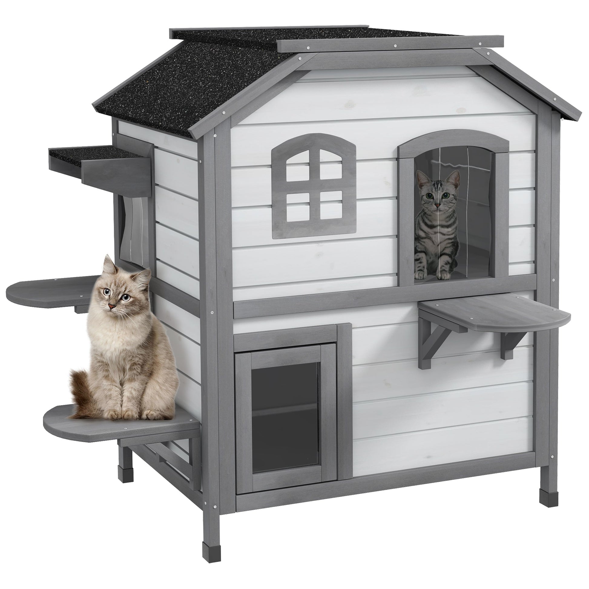 HKM-8771389 2-Story Weatherproof Wooden Cat House with Escape Door and Climbing Ledges - White