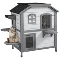 HKM-8771389 2-Story Weatherproof Wooden Cat House with Escape Door and Climbing Ledges - White