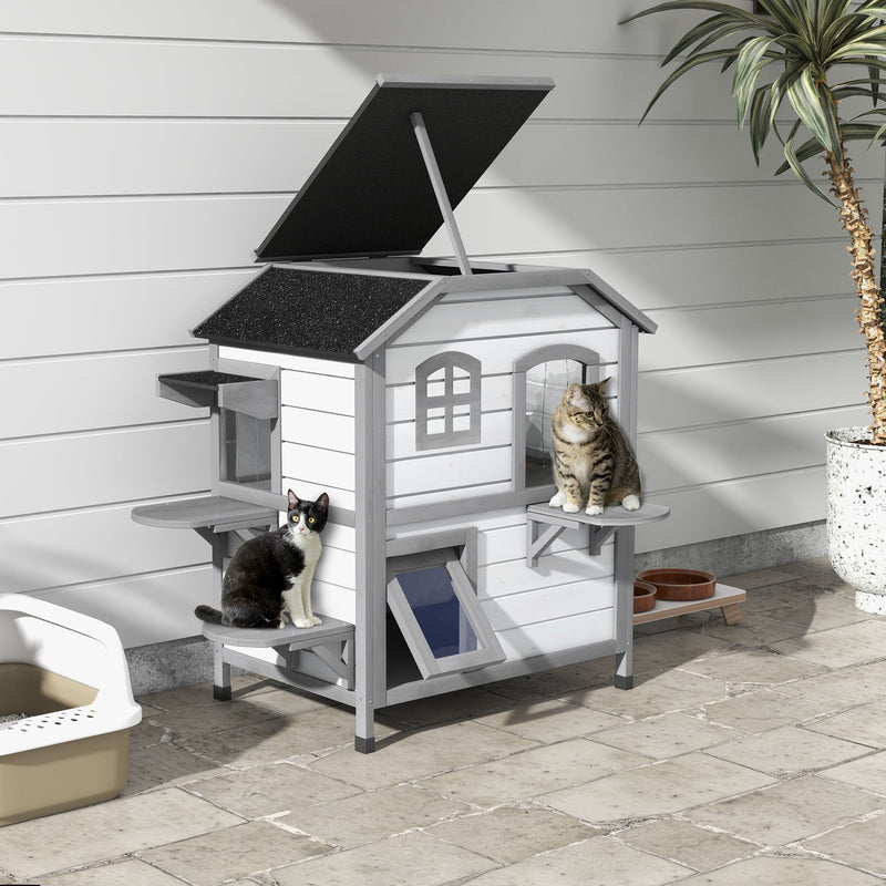 HKM-8771389 2-Story Weatherproof Wooden Cat House with Escape Door and Climbing Ledges - White