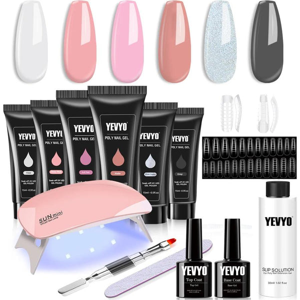 HKM-877267 6 PCS Poly Gel Nail Kit with UV LED Lamp, Nail Forms, Brush, Base & Top Coat, Builder Gel Tools