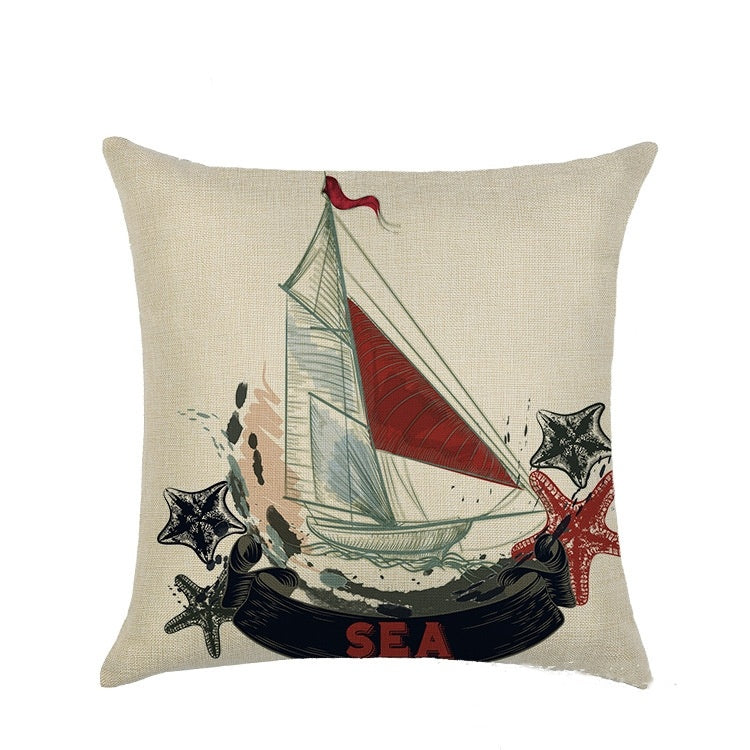 HKM-877459 Mediterranean Style Linen Pillowcase Featuring Steamship Pattern