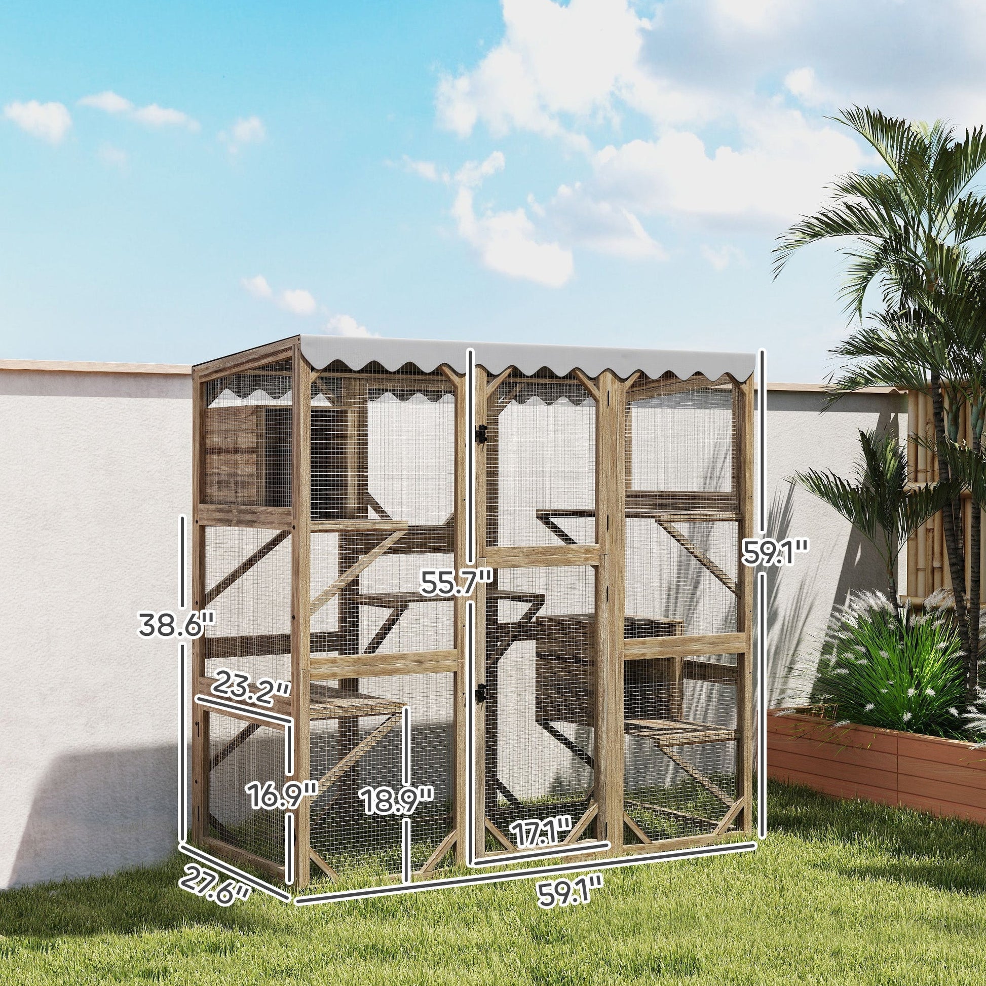 HKM-8774973 Outdoor Cat Enclosure with Window Access, 5 Platforms, 2 Resting Boxes, Waterproof Roof, Brown