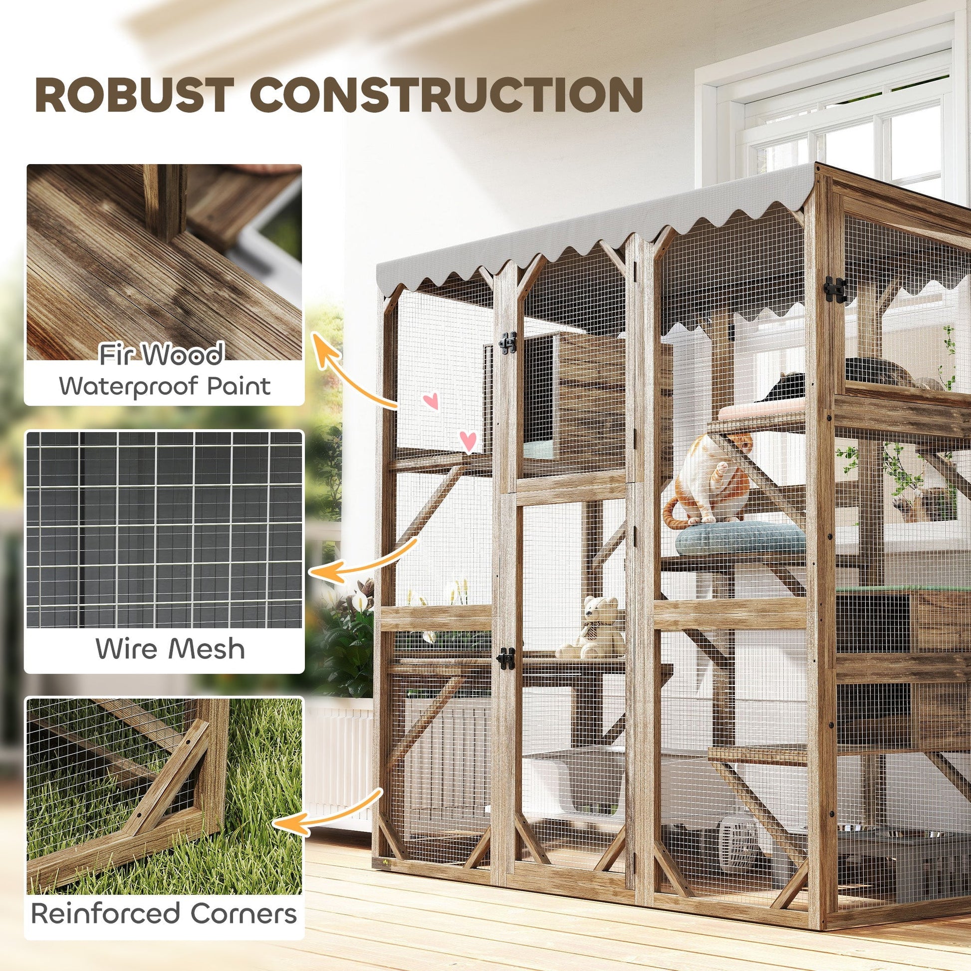 HKM-8774973 Outdoor Cat Enclosure with Window Access, 5 Platforms, 2 Resting Boxes, Waterproof Roof, Brown