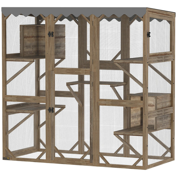 HKM-8774973 Outdoor Cat Enclosure with Window Access, 5 Platforms, 2 Resting Boxes, Waterproof Roof, Brown