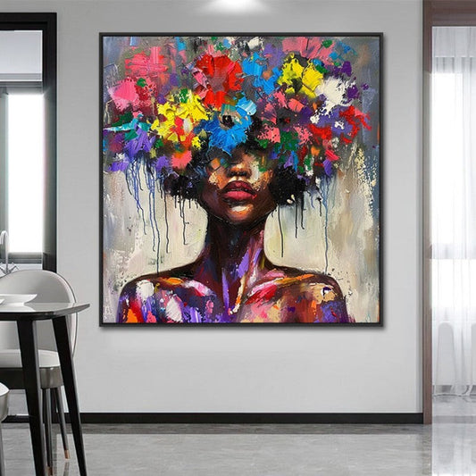 HKM-877715 Colorful Hand-Painted Floral Canvas Art for Living Room - Modern Woman Portrait