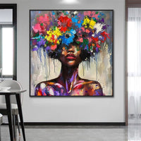 HKM-877715 Colorful Hand-Painted Floral Canvas Art for Living Room - Modern Woman Portrait