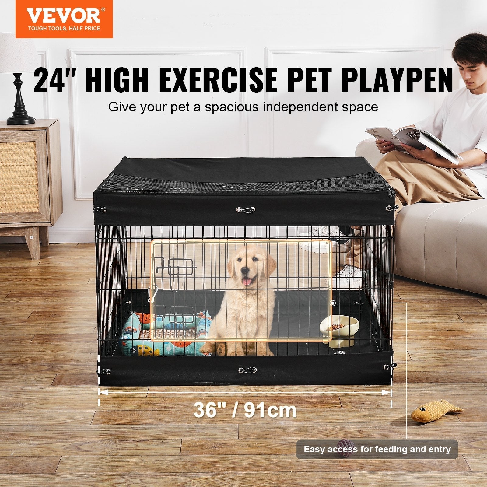 HKM-8778685 Foldable 4-Panel Dog Playpen with Waterproof Bottom Mat and Zippered Top Cover for Small Pets