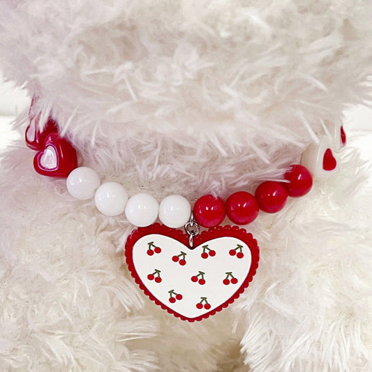 HKM-8779709 Flower Pattern Red Heart Bead Dog Collar in S, M, L Sizes