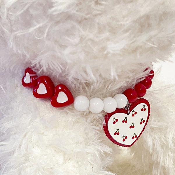 HKM-8779709 Flower Pattern Red Heart Bead Dog Collar in S, M, L Sizes
