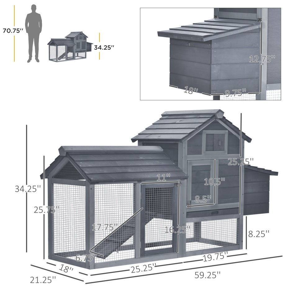 HKM-8780733 Outdoor Solid Wood Chicken Coop Kit with Ventilation - Gray Enclosed House