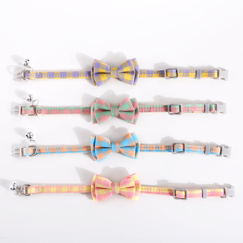 HKM-8784829 Adjustable Double Layer Bow Collar for Pets - Fresh Plaid Designs in Multiple Colors