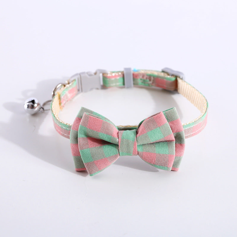 HKM-8784829 Adjustable Double Layer Bow Collar for Pets - Fresh Plaid Designs in Multiple Colors