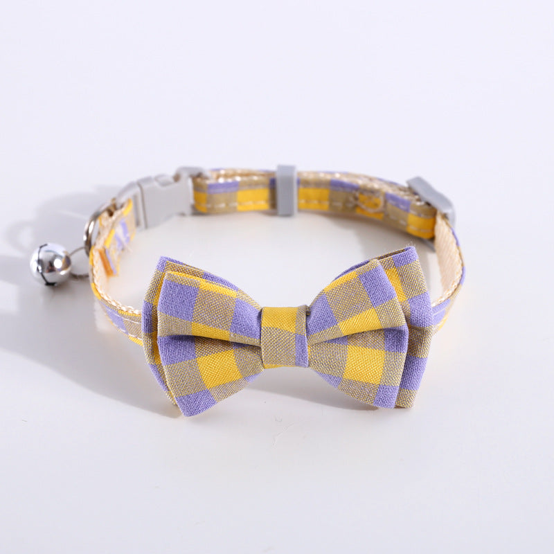 HKM-8784829 Adjustable Double Layer Bow Collar for Pets - Fresh Plaid Designs in Multiple Colors