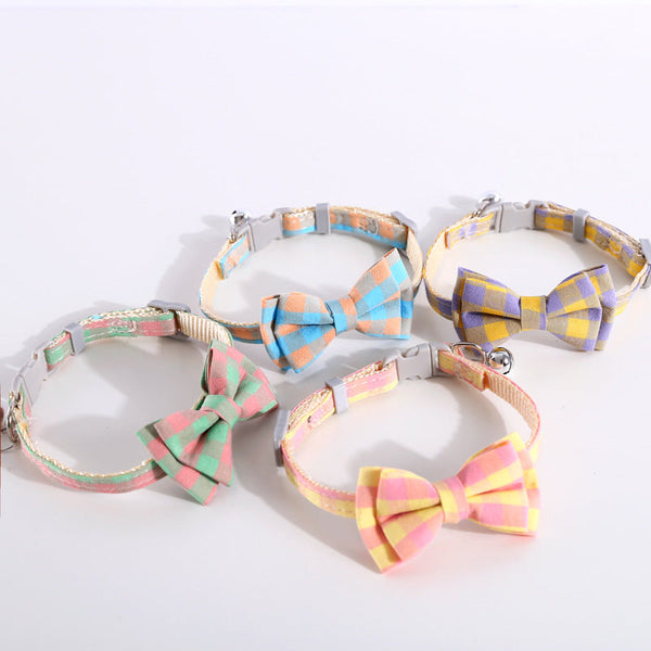 HKM-8784829 Adjustable Double Layer Bow Collar for Pets - Fresh Plaid Designs in Multiple Colors