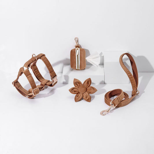 HKM-8786621 Velvet Pet Dog Collar Set with Bow, Chest Harness, and Hand-Holding Rope