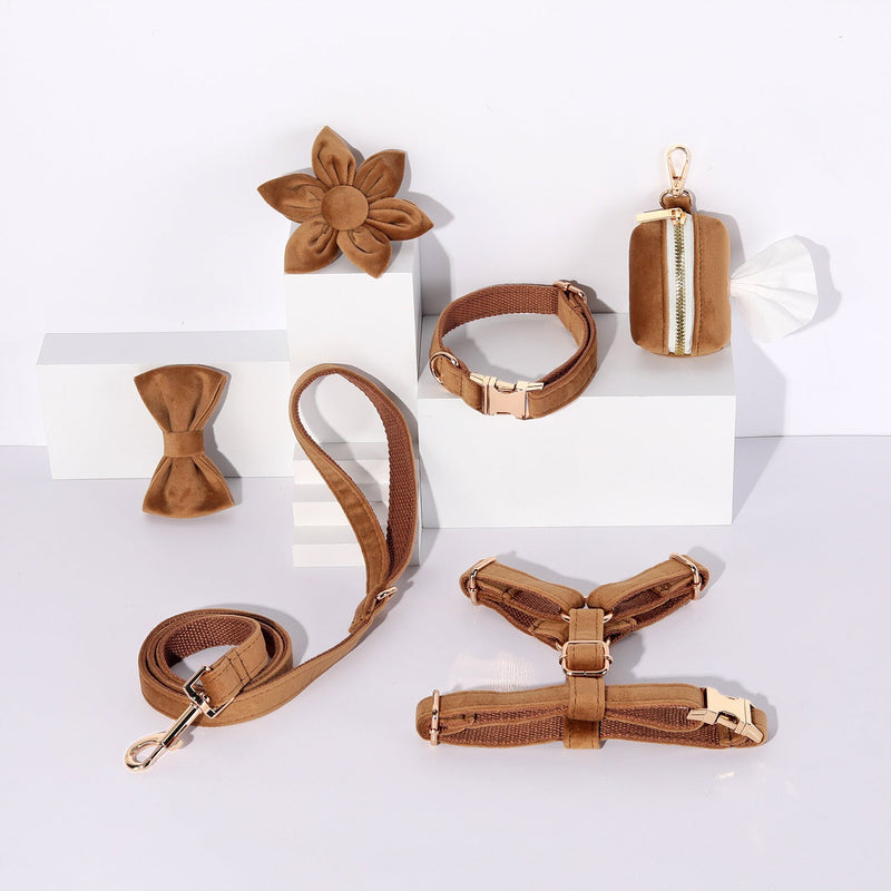 HKM-8786621 Velvet Pet Dog Collar Set with Bow, Chest Harness, and Hand-Holding Rope