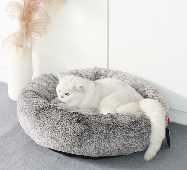 HKM-8786877 Round Grey Thickened Cat Bed for Cozy Winter Comfort - 58x58x18cm
