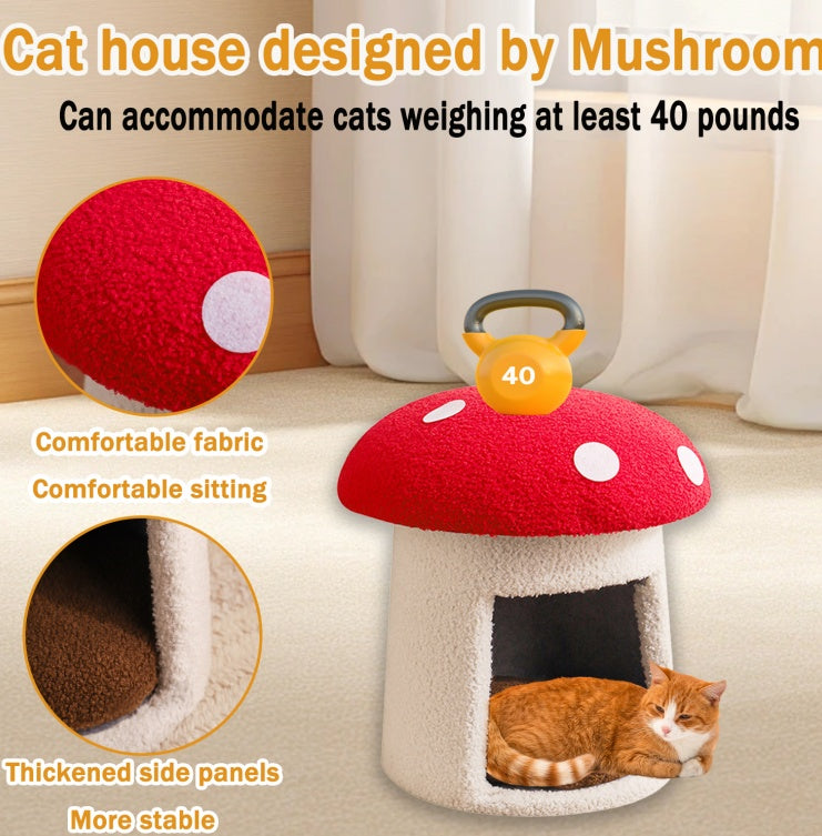 HKM-8788285 Extra Large Red Mushroom Cat Bed - Scratch-Resistant, Washable, All-Season Pet Seat for Cats