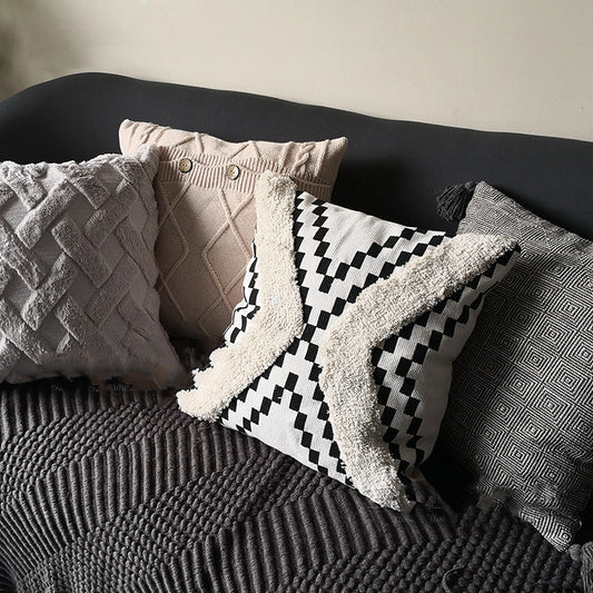 HKM-879059 Mid-Vintage Square Tassel Cushion Cover - Knitted Design in Light Grey, Black and White Geometric, and Taupe Block