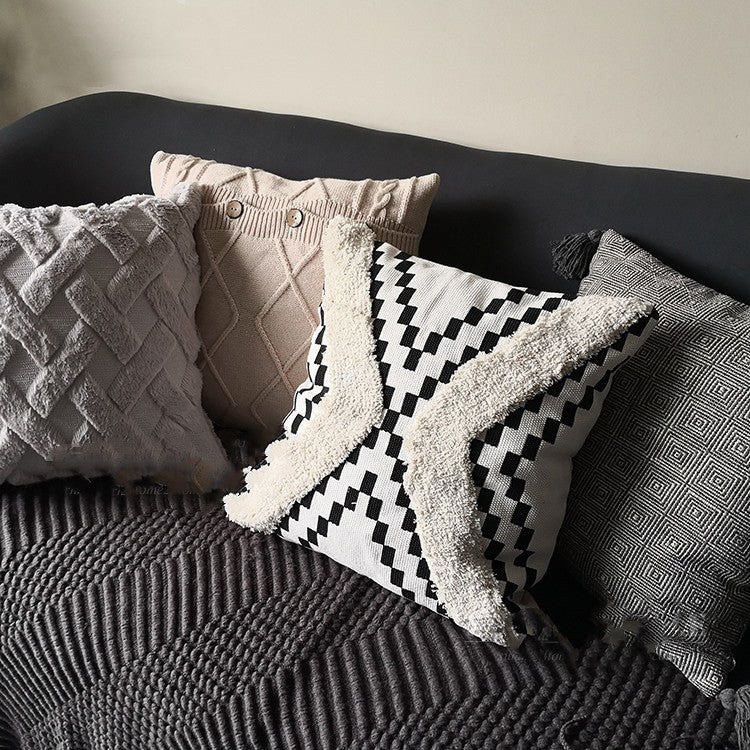 HKM-879059 Mid-Vintage Square Tassel Cushion Cover - Knitted Design in Light Grey, Black and White Geometric, and Taupe Block