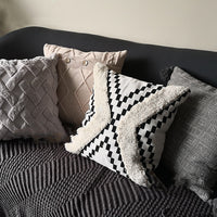 HKM-879059 Mid-Vintage Square Tassel Cushion Cover - Knitted Design in Light Grey, Black and White Geometric, and Taupe Block