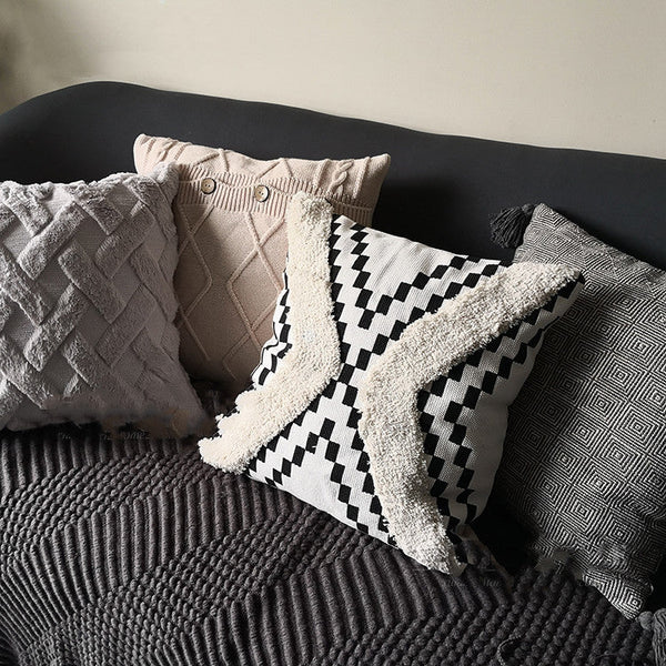 HKM-879059 Mid-Vintage Square Tassel Cushion Cover - Knitted Design in Light Grey, Black and White Geometric, and Taupe Block